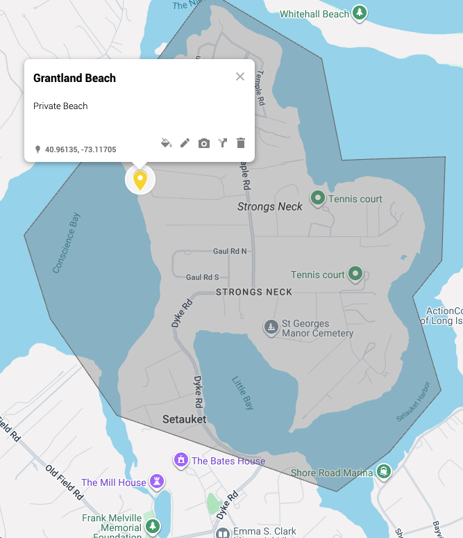 Map of Strongs Neck Setauket NY showing Conscience Bay, Dyke Road, and Grantland Beach private waterfront area