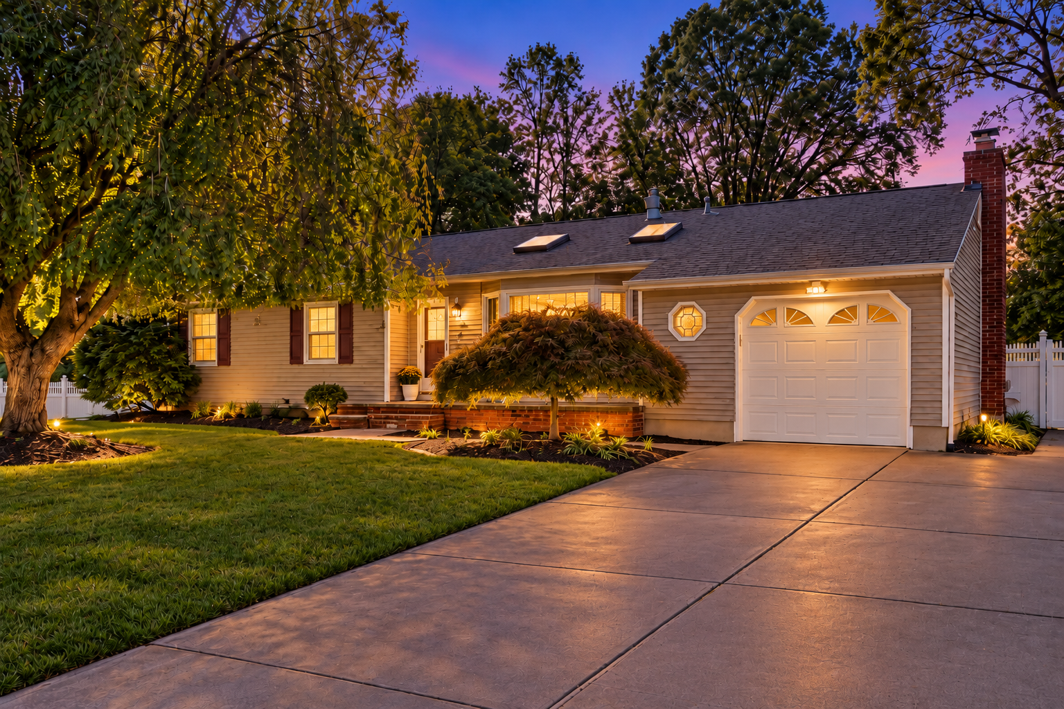 46 Cedar Street Selden NY ranch home at dusk